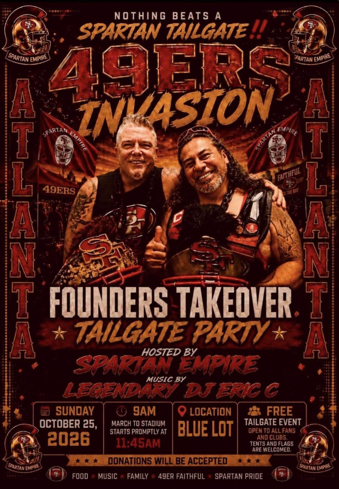 Founders Takeover Tailgate Party — Sunday October 25 2026, hosted by Spartan Niner Empire