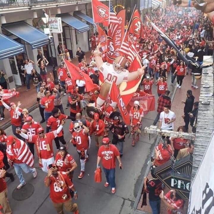 Spartan Niner Empire leading the 49ers faithful down Bourbon Street, New Orleans — December 2019